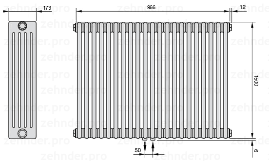Схема (чертеж) Радиатор Zehnder Charleston 5150/21 №5410 Белый глянцевый RAL 9016